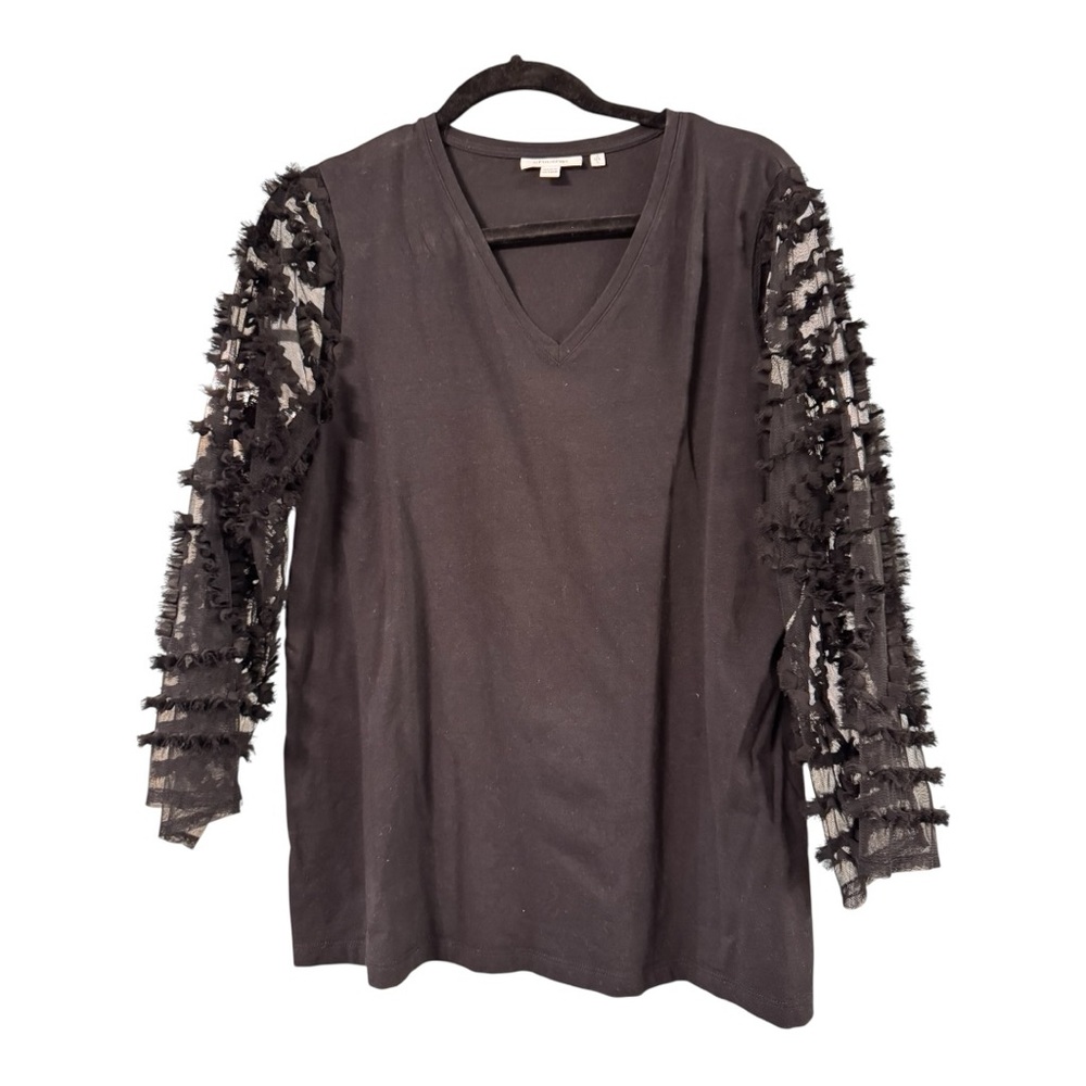 Chico's Gray Ruffled Blouse with Crew‎ Neck